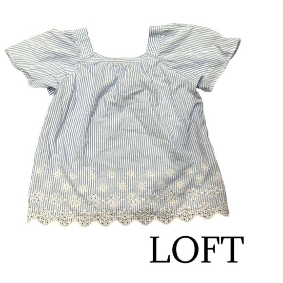 LOFT Blue/White Eyelet Seersucker Stripe Square Neck Top Sz MP NWOT - Picture 4 of 10